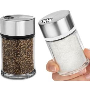 Salt and Pepper Shakers Set with Adjustable Pour Holes - Stainless Steel Spice Dispenser - Perfect for Pink Himalayan, Table Salt, Black and White Pepper (2.4 oz) - set of 2