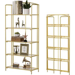 Crofy Folding Bookshelf for Living Room, 5 Tier Gold Collapsible Book Shelf for Home Office, Portable Bookcase Storage Organizer, 5 Tier Wider