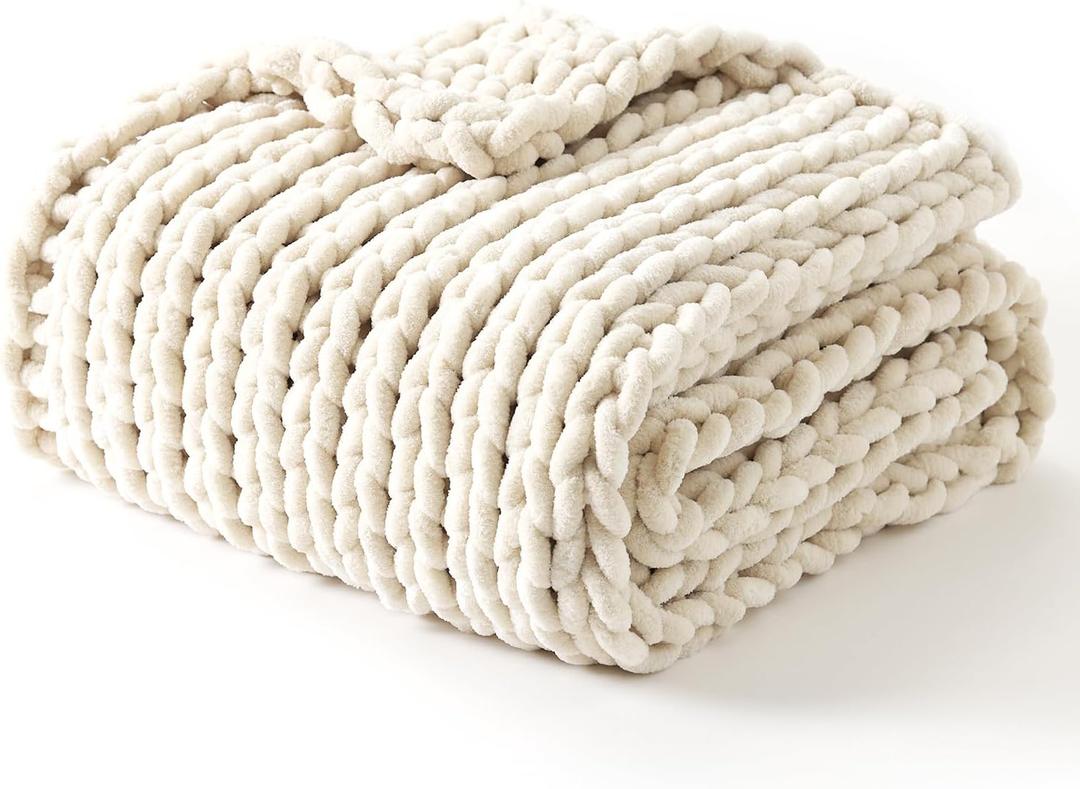 YnM Chunky Throw Blanket, Hand Knitted with Chenille Yarn, Skin Friendly, Ventilated and Breathable, Machine Washable, Home Dcor Piece for Couch, Sofa and Bed (Butter Cream, 50x60 Inch)