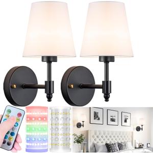 Battery Operated Wall Sconces Set Of Two, Wireless Battery Wall Light With 10000mAh RGB Rechargeable Magnetic Bulb, Rechargeable Wall Sconce With Remote Control For Bedroom, No Electrician Required (Black)