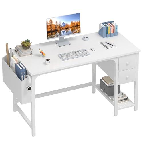 Lufeiya White Small Desk with Fabric Drawers, 47 Inch Computer Desk for Small Space Home Office, Modern Simple Study Writing Table PC Desks, White