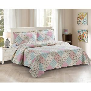 Pink and Green Rose Patchwork, 3-Piece Quilt Set with 2 Shams, Reversible Bedspread, Soft Lightweight Coverlet, All-Season, King, Pink Green