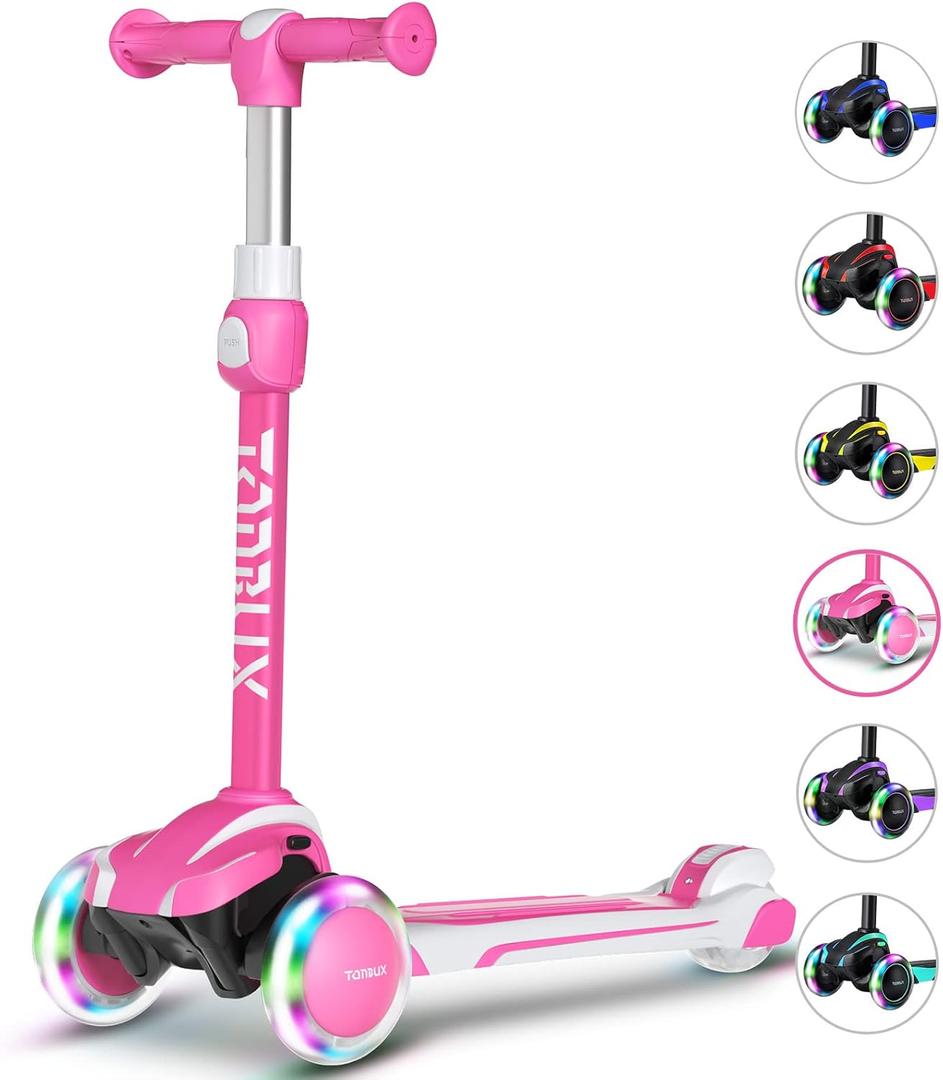 TONBUX Kids Scooter for Age 3-12, Toddler Scooter with 4 Adjustable Heights, Light Up 3-Wheels Scooter, Shock Absorption Design, Lean to Steer, Balance Training Scooter for Kids (Pink)