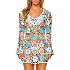 FAIRY SEASON Women's Crochet Beach Cover Up Dress Boho Bell Sleeve 3D Camellia Embroidery for Vacation, Pool Party, Large