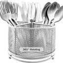 DysanVica 360° Rotating Metal Utensil Caddy  4 Compartment Silverware Cutlery Holder Rotation Fork Spoon Napkin Organizer Flatware Storage Basket Party Countertop Buffet Picnic Camping Outdoor Silver