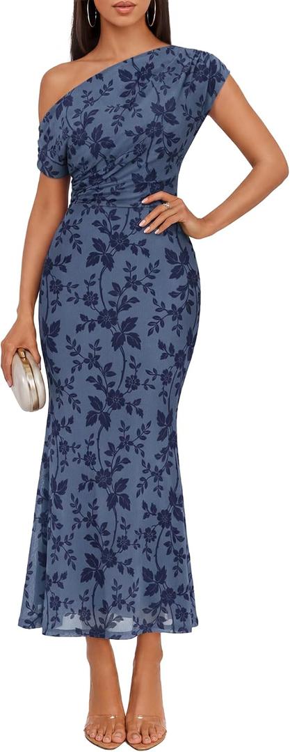 ZESICA Women's Off Shoulder Floral Formal Cocktail Wedding Guest Long Dress (Blue, M)