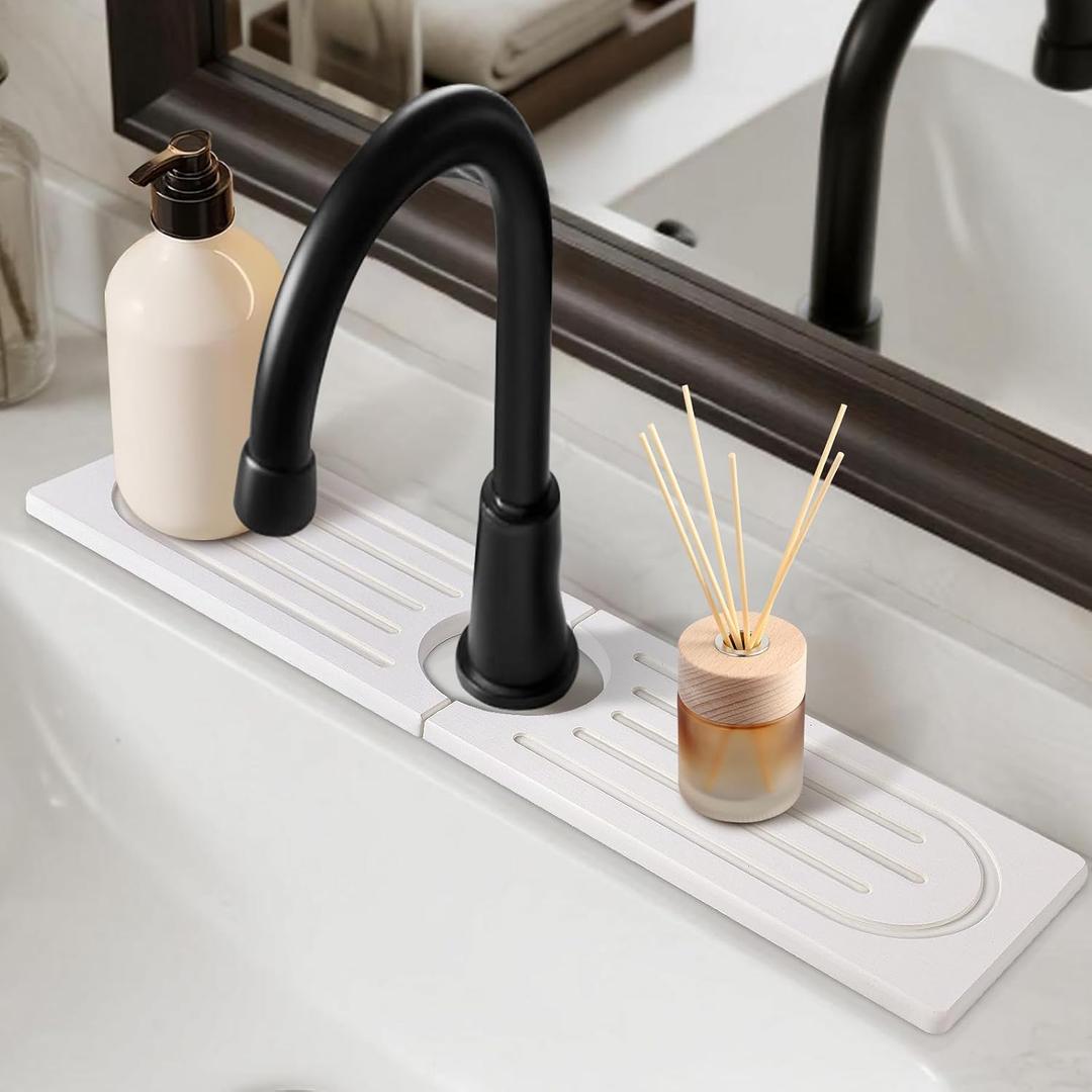 15.7Drying Stone Faucet Mat for Kitchen Sink-Diatomite Quick Dry Kitchen Sink Splash Guard, Water Absorbent Diatomite Stone Tray,Durable Protector for Bathroom Counter (white, 15.7" X 3.9")