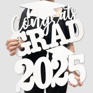 2Pcs Class of 2025 Wood Signs White Graduation Decorations 2025 Wooden Sign Congrats Grad Photo Booth Props for Graduation Party Decorations Wood Cutout College High School Party Supplies