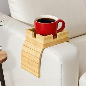 Bamboo Couch Cup Holder - Non-Slip Couch Armrest Tray for Recliner, Loveseat for Caddy Table for Drinks Cellphone TV Remote Storage(Large)