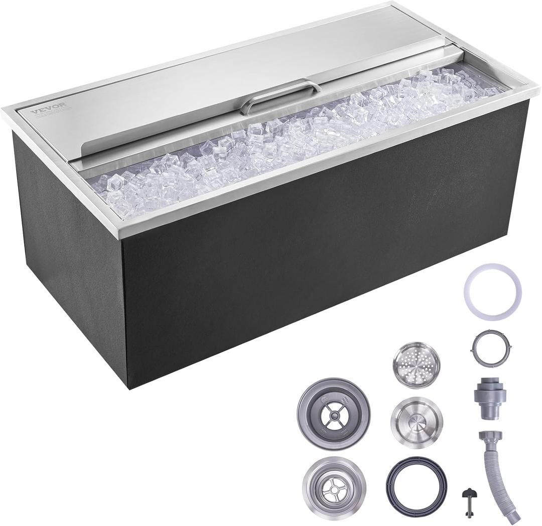VEVOR Drop in Ice Chest, 36"L x 18"W x 14"H Stainless Steel Ice Cooler, Commercial Ice Bin with Sliding Cover, 40.9 qt Outdoor Kitchen Ice Bar, Drain-pipe and Drain Plug Included, for Cold Beer