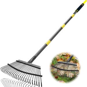Garden Leaf Rakes, 6FT Rake for Lawns Heavy Duty 25 Metal Tines 18.5 inch Wide, Adjustable Steel Handle, Rakes for Leaves, Gathering Shrub, Grass, Flower Beds