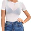 Women's Mesh Tops Short Sleeve Sheer Tee Shirts See Through Bodycon Clubwear Shirts (White, M)