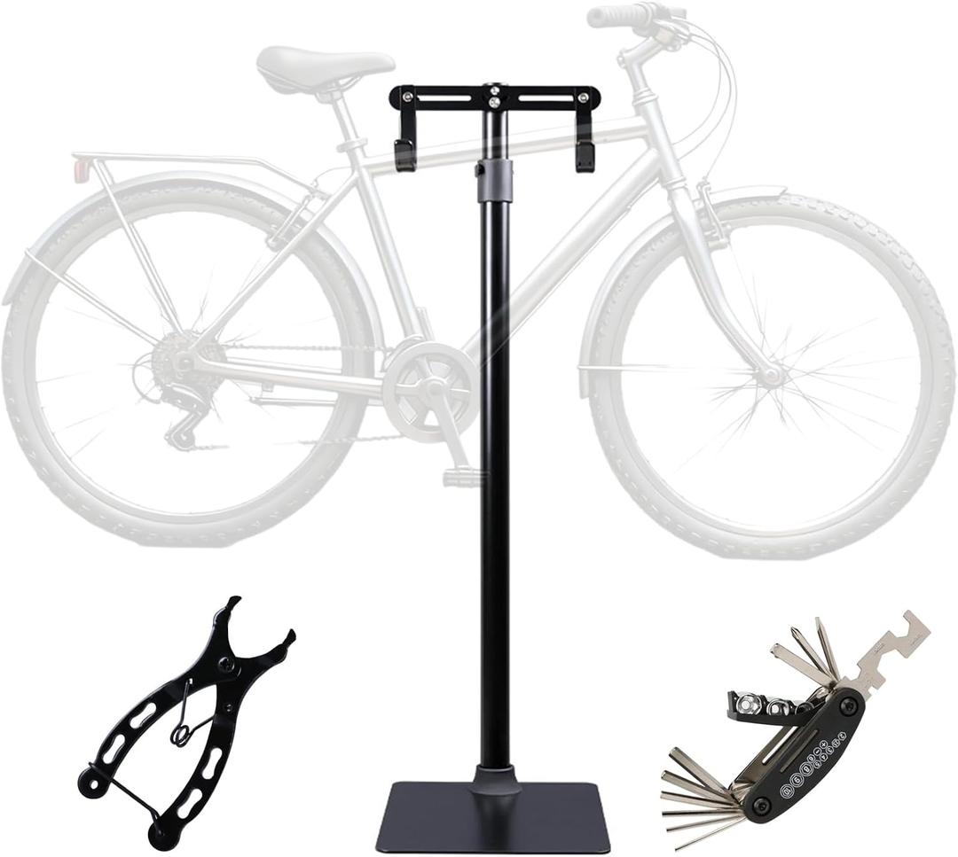 Heavy Duty Bike Floor Stand, Vertical Bicycle Storage Rack for Indoor Garage, Adjustable Rubber Hooks for Road, Mountain & Ebikes, Includes Multi-Function Repair Tool & Chain Plier