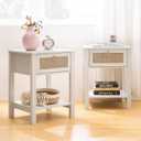 SICOTAS White Nightstand Set of 2,Rattan Decor Drawer with Brass Knobs Night Stand Bedside Table Boho End Tables Side Tables with Storage Shelf for Bedroom,Small Space, 2 Pieces