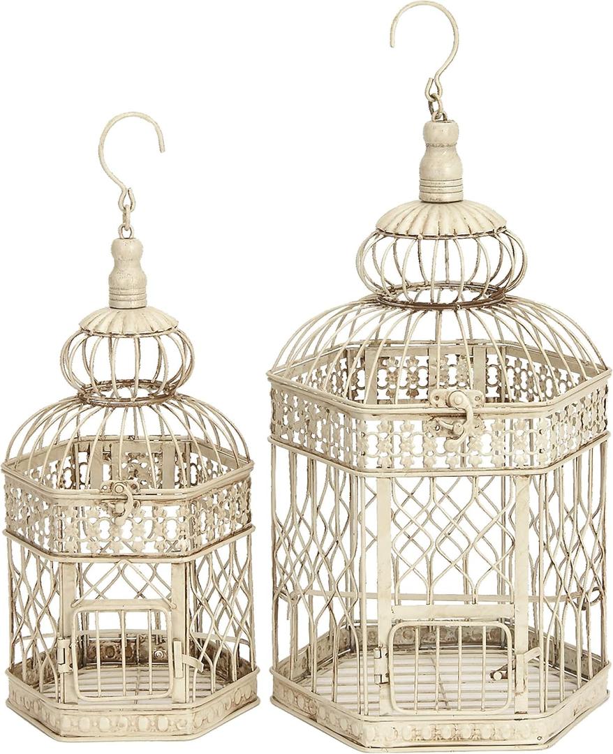 Deco 79 Metal Scroll Birdcage Distressed Wire with Latch Lock Closure and Hanging Hook, Set of 2 21", 18"H, Cream
