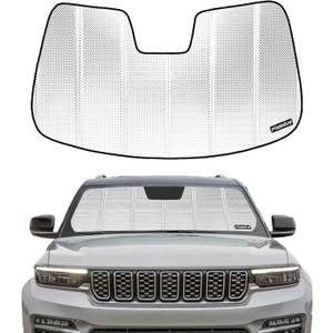 B Pigenius Windshield Sun Shade for Jeep Grand Cherokee 2022-2025. Reflective Aluminum Film Front Window Sunshade - BLAZBLOCK (Classic Shiny Silver)