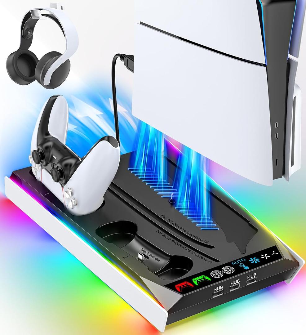 PS5/Slim/Pro Stand for Disc & Digital Console, PS5 Cooling & Charging Station with RGB Lights, PS5 Controller Charger Built-in 3 Level & AUTO Adjustable Fan, PS5/Slim/Pro Accessories for PS 4 Cases