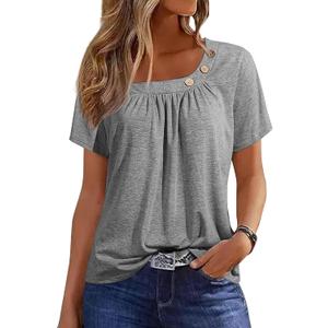 Womens Summer Tops Short Sleeve Asymmetrical Neck T Shirts with Buttons (X-Large, Grey)
