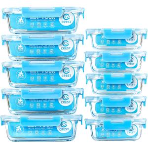 C CREST Glass Meal Prep Containers, [10 Pack] Glass Food Storage Containers with Lids, Airtight Bento Boxes, BPA Free & Leak Proof (10 Lids & 10 Containers) (Blue)