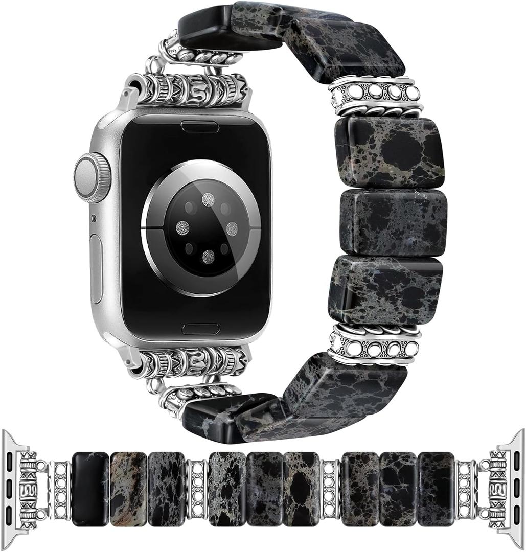 Beaded Natural Stone Bracelet Band Women Compatible with Apple Watch 38/40/41/42mm(S10) Boho Handmade Elastic Western Vintage Imperial Stone Strap for iWatch Series 10/9/8/7/6/5/4/3/2/1/SE