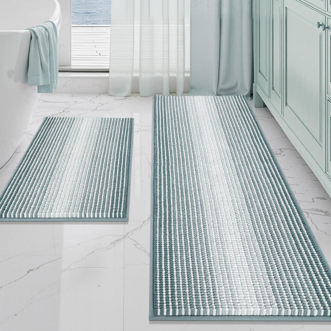 BSICPRO Bathroom Rugs and Mats Sets, 2 Piece Thick Absorbent Chenille Bath Mat Rug Set Non Slip, Soft Shaggy Bath Room Floor Mats for Bathroom, Machine Washable (Sea Green, 20" x 60" Plus 20" x 32")