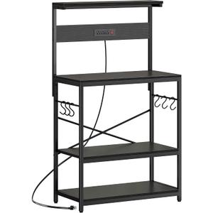 SUPERJARE Bakers Rack with Power Outlets, Microwave Stand, 31.5 X 16.5 Inch Larger Desktop, Kitchen Storage Rack with Adjustable Middle Shelf, 6 S-Shaped Hooks, Coffee Bar Stand, Black