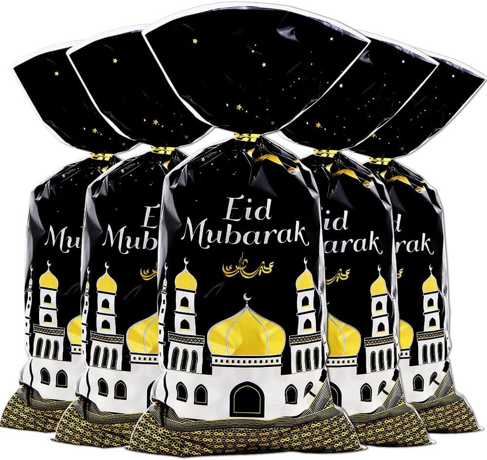 Eid Mubarak Goodie Bags, 100 Pieces Muslim Castle Moon Star Pattern Ramadan Treat Bags Cellophane Bags Goody Favor Bags with Gold Twist Ties for Muslim Islamic Eid Iftar Diwali Party Kids Gifts - (Black)