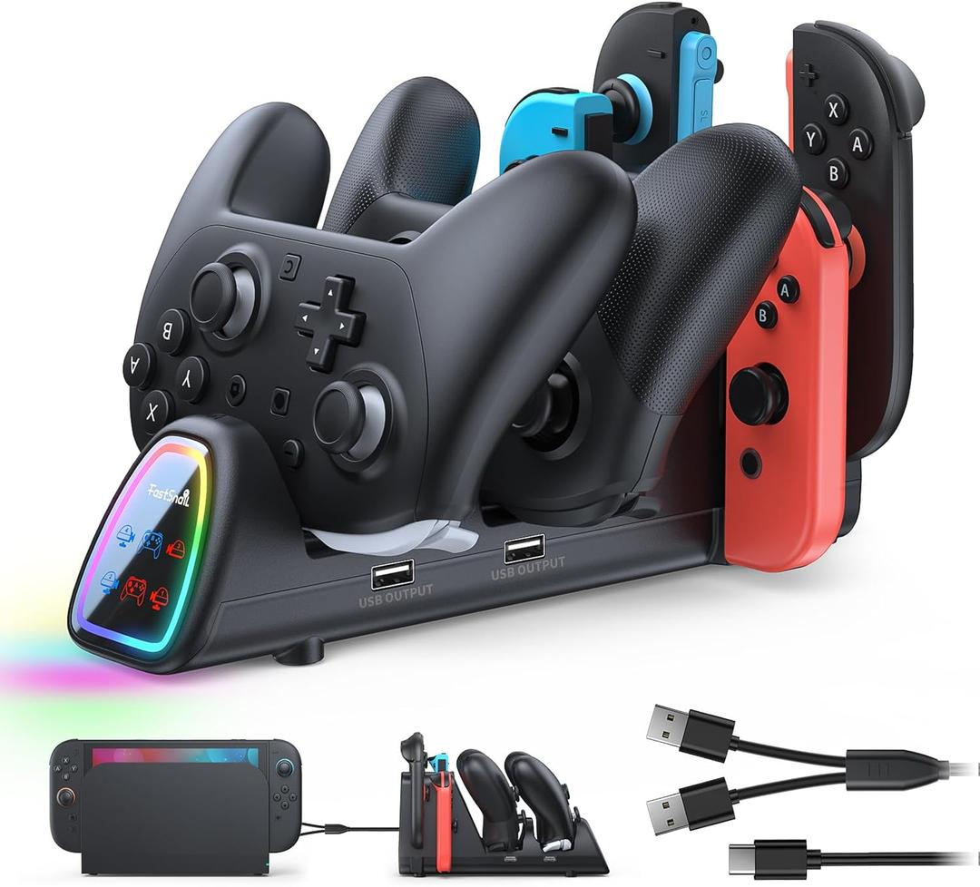 FASTSNAIL [Switch 2/1 Compatible] Charging Dock for Nintendo Switch 2/1/OLED for Joycon 2, 10 in 1 Fast Charger Station Stand for Pro Controller 2/1 with 11 RGB Modes, LED Indicator, Charger Cable