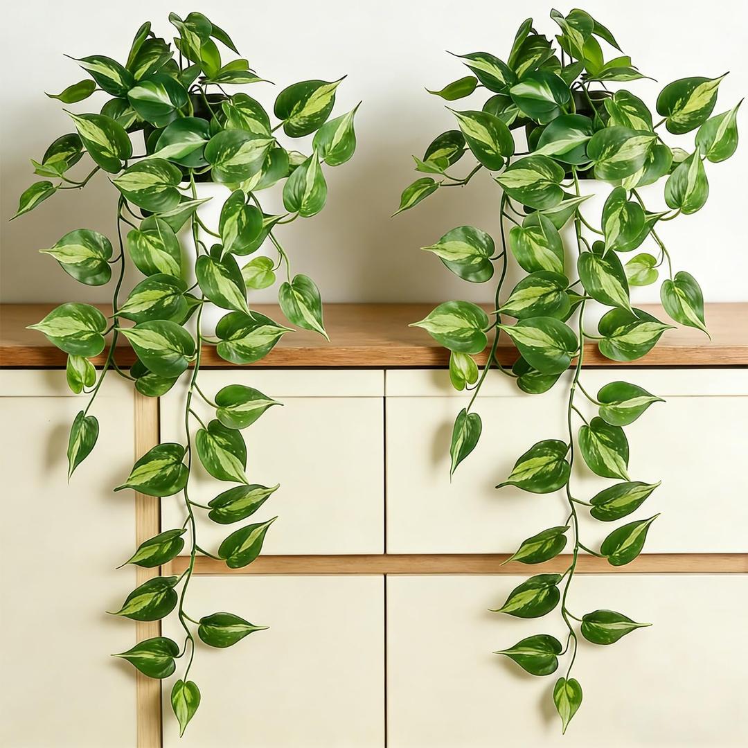 Fake Pothos Hanging Plants with Pots, 33.5" Set of 2 Faux Ivy Vines, Realistic Silk Artificial Plants Greenery for Home Indoor Decor, Living Room, Desk Shelf, Bathroom Decoration