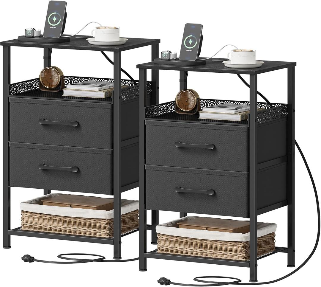 JARHETUN Nightstand Set of 2, Night Stands with Charging Station, 26.4 Inch Tall Bedside Table with Metal Shelf, Side Table with 2 Fabirc Drawers for Bedroom, Black