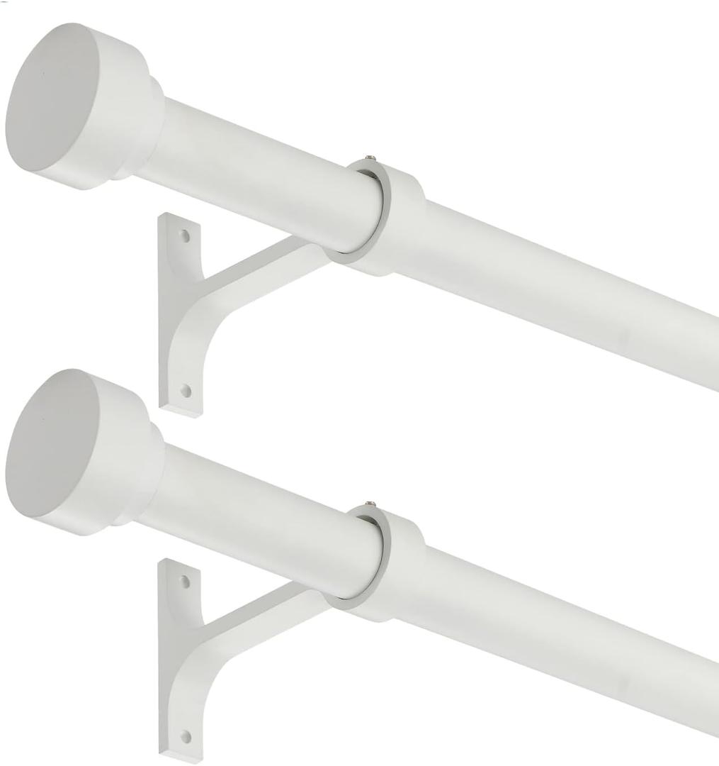 2 Pack Heavy Duty 1 Inch Diameter Single Curtain Rods 72-144” Adjustable Window Curtain Rod with Cylindrical Cap Finials, Wall Mount and Ceiling Mount, Matte White
