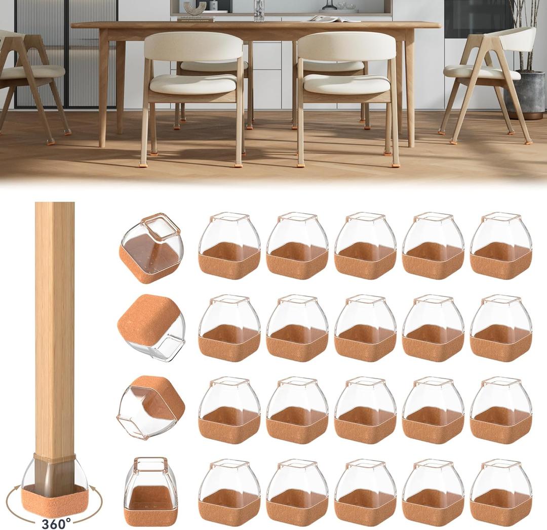 24PCS Extra Small Square Chair Leg Floor Protectors for Hardwood Floors, Furniture Sliders for Chair Legs, 360Felt Pad Bottom Wrapped Thickening Furniture Pads Cap Covers to Scratch and Reduce Noise (Suqare X-Small(Fit:0.63"-0.98"))