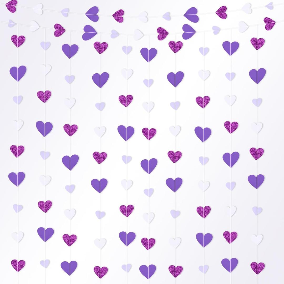 Fuyoooo 10 Pack 130ft Purple Lavender White Holographic Heart Party Garland Asymmetrical Love Hanging Banners for Birthday Wedding Baby Bridal Shower Engagement Bachelorette Graduation Decorations
