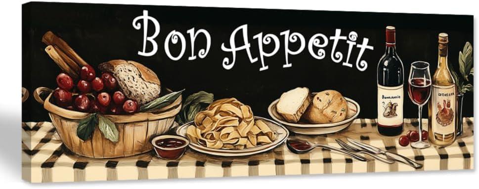 CCWORKERRY Kitchen Wall Art Delicious Food Canvas Prints Wine Glass Pictures Bread Fruit Paintings Dining Room Decor Artwork(Black,8" x 24")