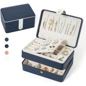 PU Leather Travel Jewelry Organizer Case for Women & Girls, 2-Layer Portable Jewelry Box for Earrings, Rings, Necklaces, Bracelets, Compact Jewelry Storage (Blue, Small)