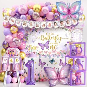Butterfly First Birthday Decorations for Girl Pink Purple Butterfly 1st Birthday Party Decoration Supplies Include Balloon Arch Balloon Boxes Backdrop Tablecloth Birthday Hat