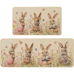 Baccessor Easter Bunny Kitchen Mats Set of 2,Colorful Easter Cute Rabbits Eggs Spring Floral Flowers Kitchen Rugs Non Slip Low-Profile Washable for Floor Home Decor 17x29 and 17x47 Inch