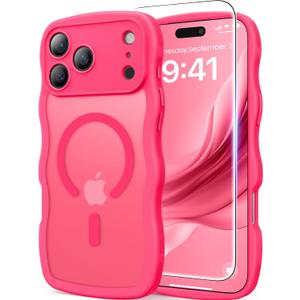 DOMAVER for iPhone 17 Pro Case for Women, 1X Screen Protector+1X Wrist Strap, [Compatible with MagSafe] [Full Camera Protection] Cute Wave Frame Matte Phone Case for iPhone 17 Pro 6.3", Hot Pink