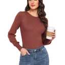 Women's Ribbed Knit Bodysuit Long Sleeve Crew Neck Thong Style Viscose Polyamide Polyester Soft Jersey Stretchy Basic Sexy Top Slim Fit Rayon Ruffle Going Out Tee Shirts Brown 2026 for Juniors (L)