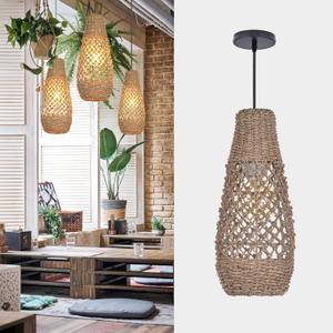 Arturesthome 1 Light Boho Rattan Pendant Light Fixtures, Mini Farmhouse Natural Chandelier Pendant Light, Retro Wicker Hanging Lamp for Kitchen Island (5.8"x13.75")