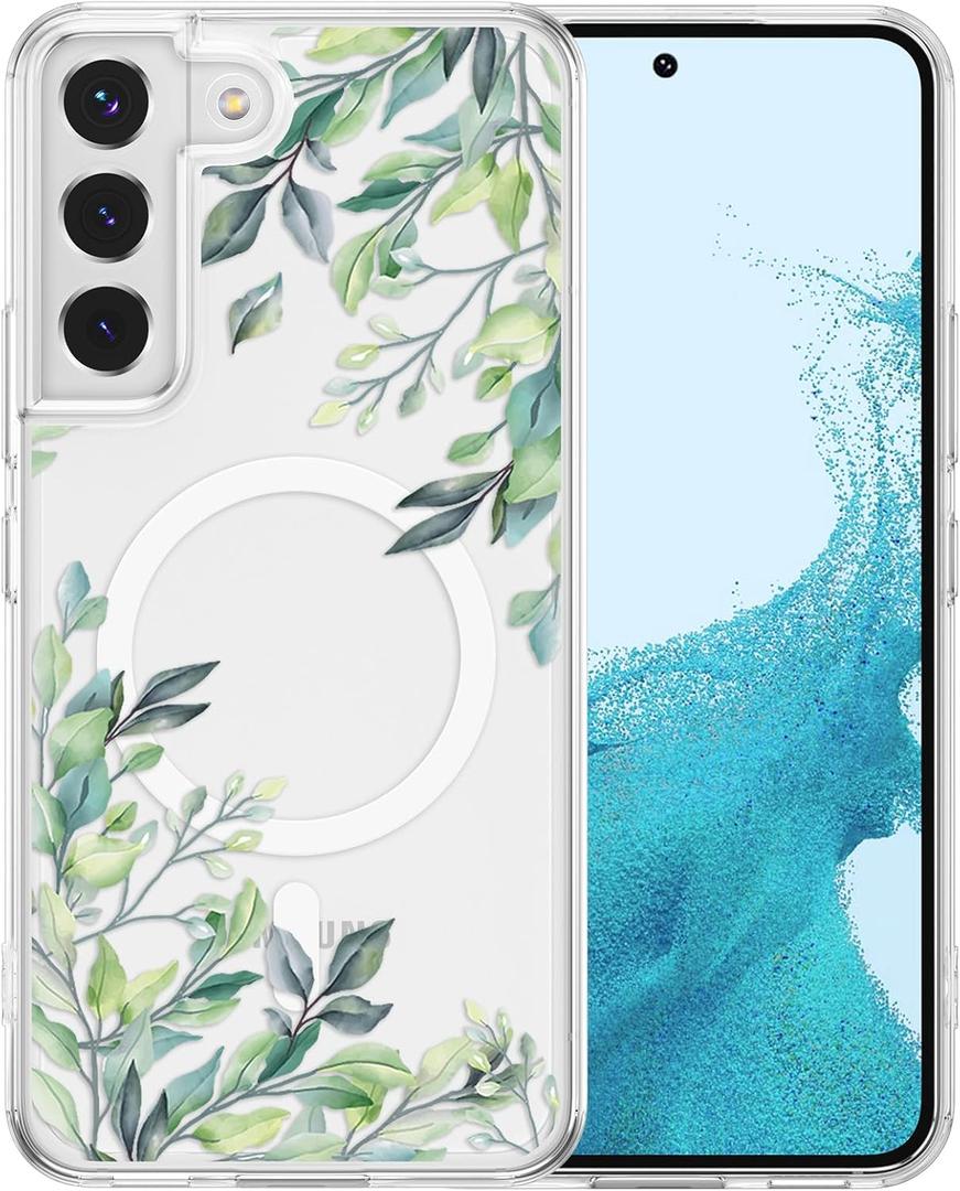 RALEAVO for Samsung Galaxy S22 Case Compatible with MagSafe Clear Floral Cover with Green Leaves Pattern for Girls Women Slim Cute Hard Back Shockproof for S22 5G Phone Case,Transparent