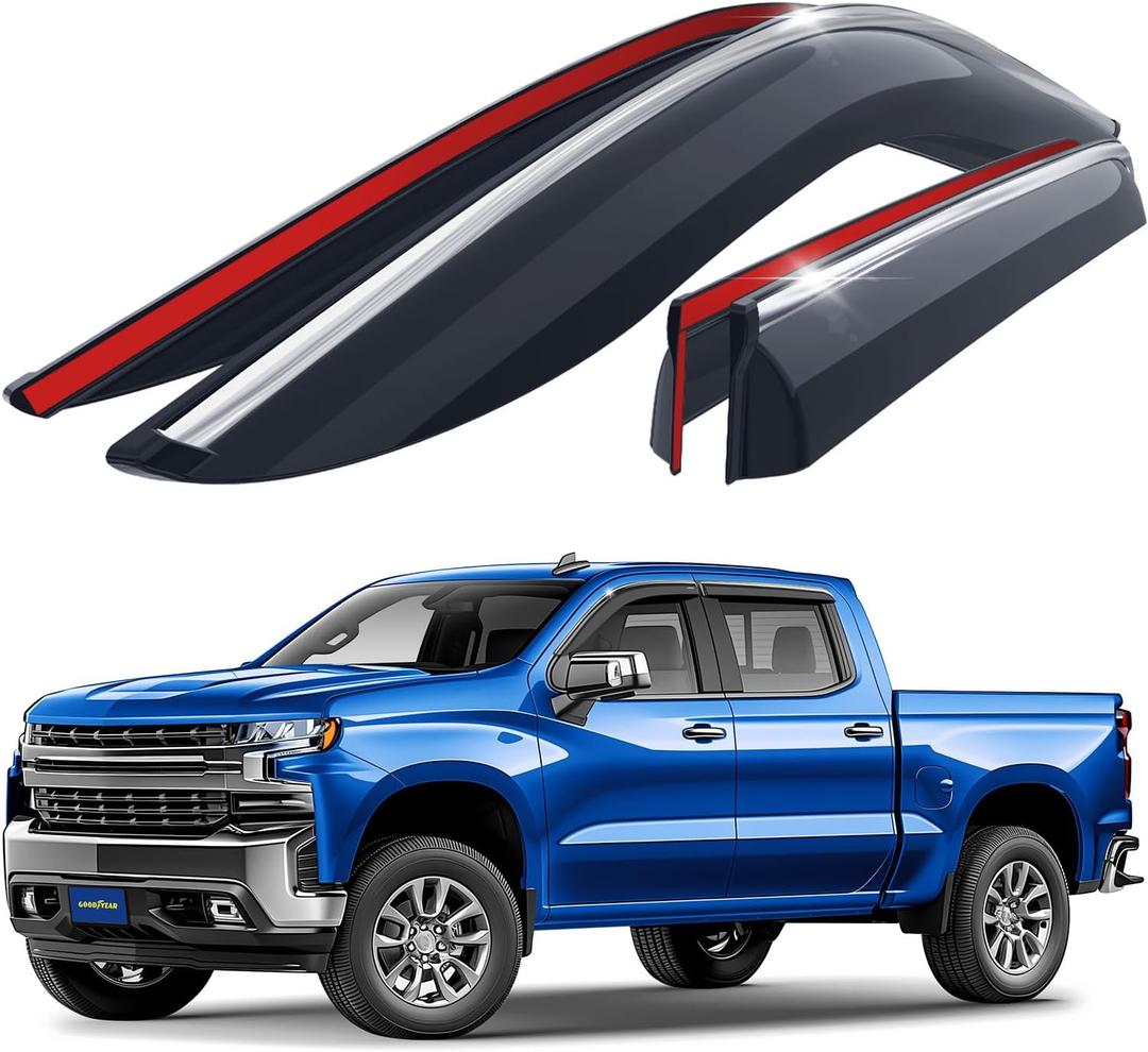 Goodyear Chrome Trim Window Deflectors for Chevrolet (Chevy) Silverado 1500/2500/3500 2019-2025 Crew Cab, Shatterproof Tape-on Rain Guards, Window Visors, Vent Deflector Visor, 4 pcs. - GY008677