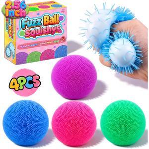 4 Pack Fuzz Ball Squishy Stress Balls, 2.56 Inch Sensory Squeeze Toys for Kids Adult Anxiety Stress Relief, Quiet Fidget Toys for School Home Office Travel, Small