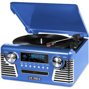 Victrola Haley Retro Bluetooth Record Player & Multimedia Center with Built-in Speakers - 3-Speed Turntable, CD Player, AM/FM Radio, 3.5mm Aux-In, Wireless Music Streaming, Blue