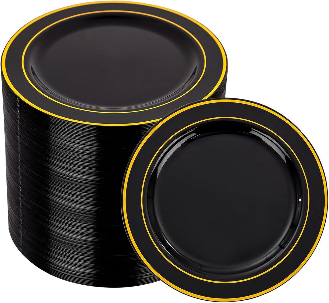 bUCLA 100PCS Black and Gold Plastic Plates - 6.25 inch Black Gold Premium Hard Disposable Dessert/Salad/Appetizer/Small Cake Plates for Party, Graduation & New year