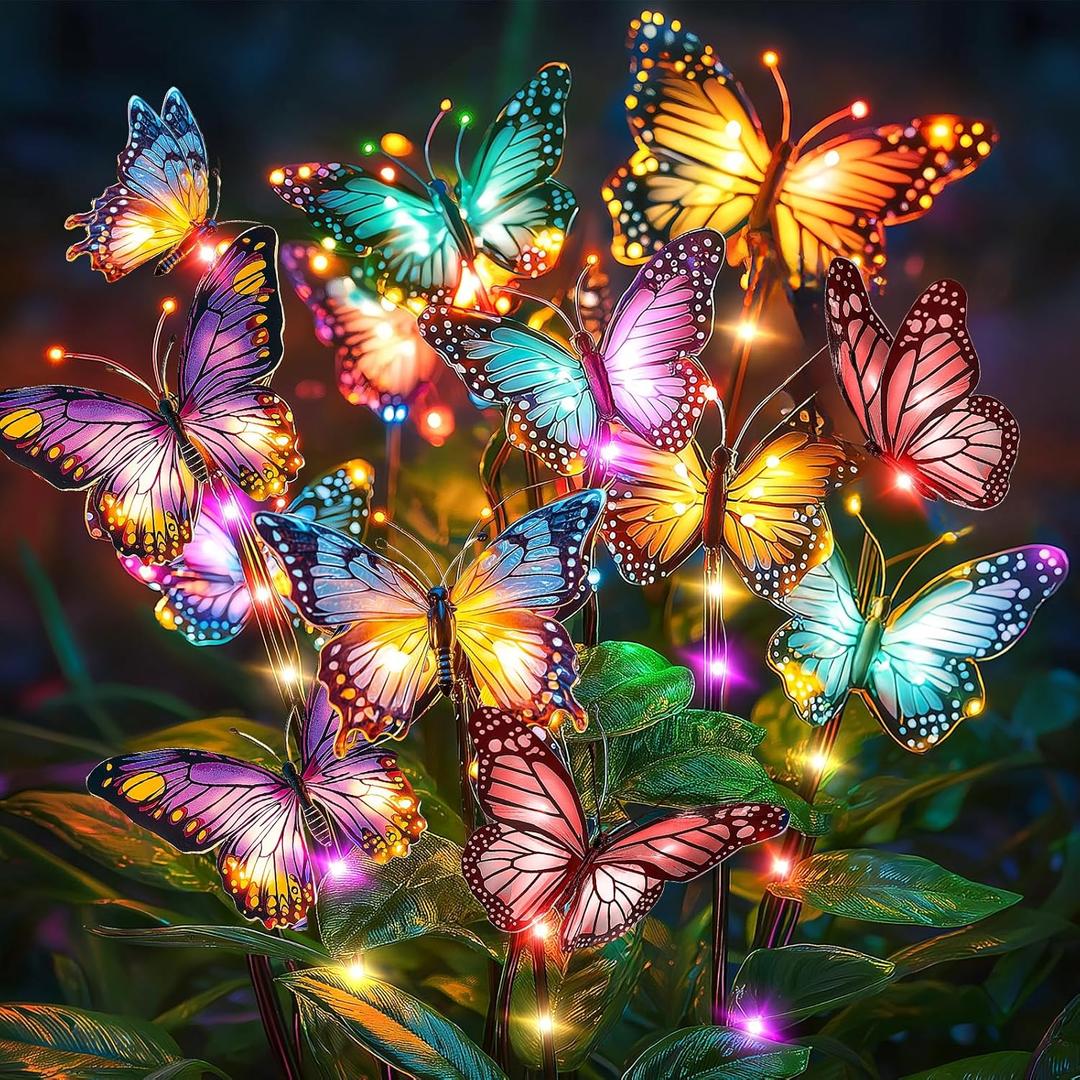 Solar Lights Outdoor Garden Decor: 4 Pack 68 Silk Butterflies with 88 Color-Changing LEDs - Auto On/Off 12H Magical Lighting IP65 Waterproof for Yard Patio Pathway - Unique Gifts for Mom Grandma