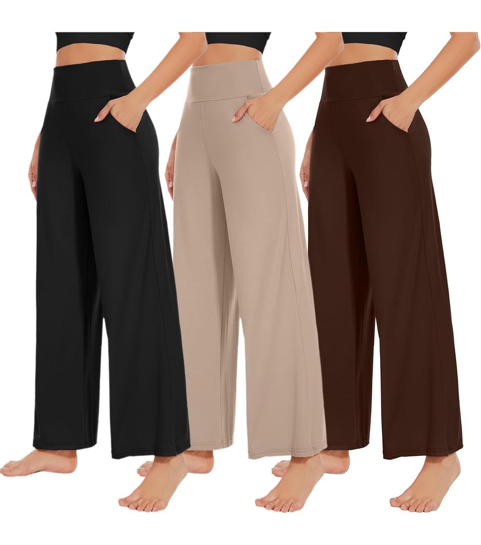 NEW YOUNG 3 Pack Women's Wide Leg Pants with Pockets High Waist Loose Sweatpants Casual Lounge Yoga Workout Palazzo, Small