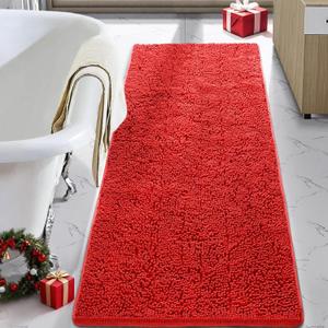 LOCHAS Luxury Bathroom Rug Shaggy Bath Mat 24 x 60 Inch, Washable Non Slip Bath Rugs for Bathroom Shower, Soft Plush Chenille Absorbent Carpets Mats, Red