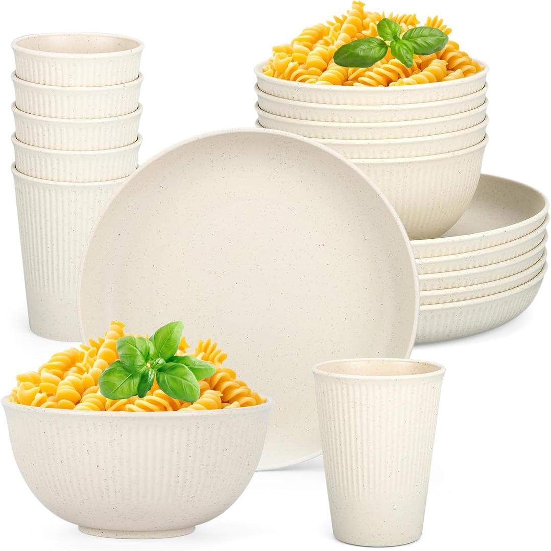 18PCS Wheat Straw Dinnerware Sets Unbreakable Reusable Dinnerware Set for 6, Microwave Dishwasher Safe Dinnerware for Outdoor Camping Dishes (Beige)