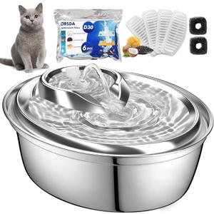 ORSDA Cat Water Fountain Stainless Steel, 2L Pet Fountain for Cats Inside, Dog Water Dispenser, Automatic Cat Drinking Fountains with 6 Replacement Filters for Cats, Small Dogs